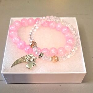 Pink & Clear Beaded Bracelet Set with Angel Wing Charm